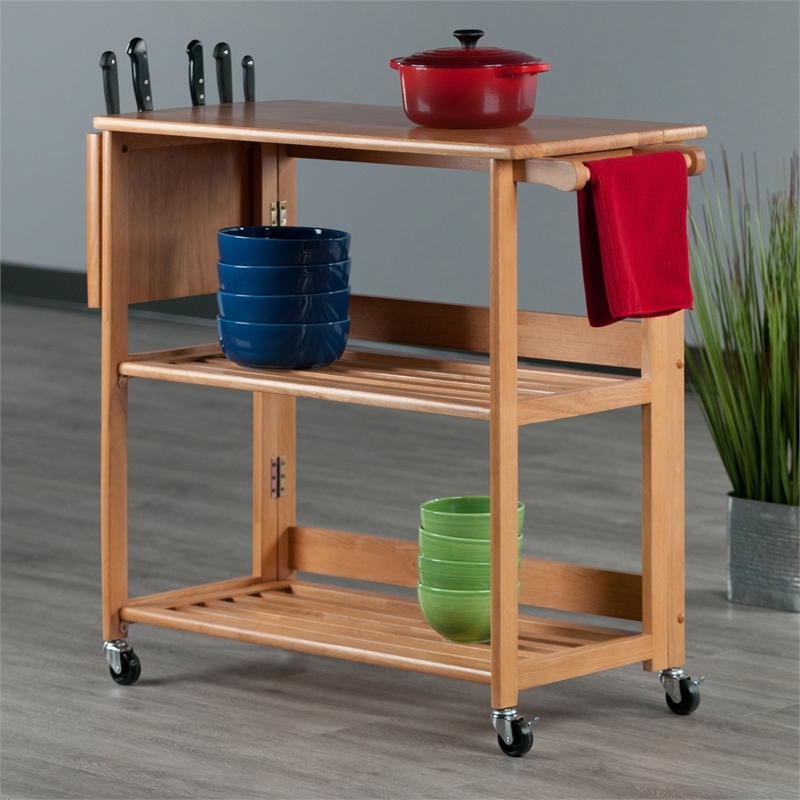 Pemberly Row Foldable Solid Wood Kitchen Cart with Casters in Light Oak