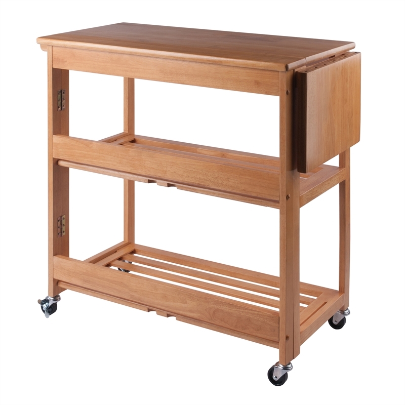 Pemberly Row Foldable Solid Wood Kitchen Cart with Casters in Light Oak