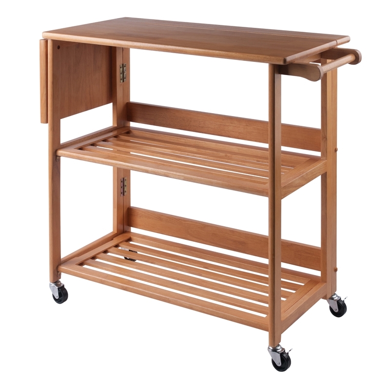Pemberly Row Foldable Solid Wood Kitchen Cart with Casters in Light Oak