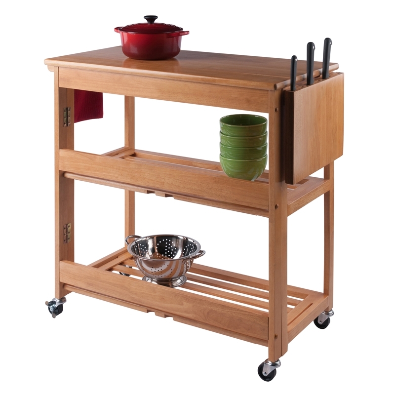 Pemberly Row Foldable Solid Wood Kitchen Cart with Casters in Light Oak
