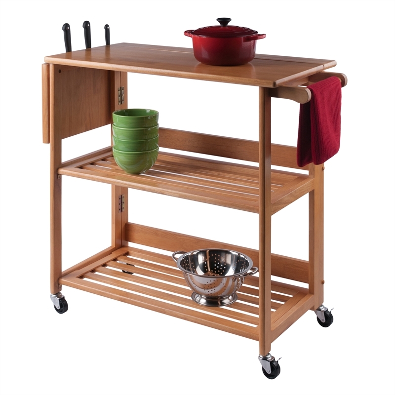 Pemberly Row Foldable Solid Wood Kitchen Cart with Casters in Light Oak