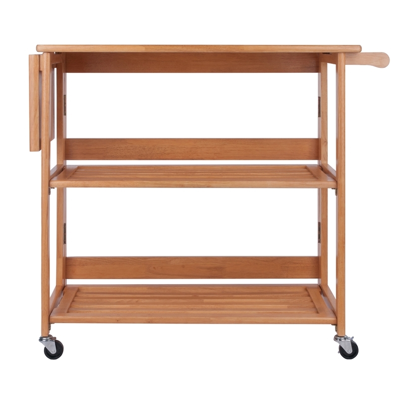 Pemberly Row Foldable Solid Wood Kitchen Cart with Casters in Light Oak