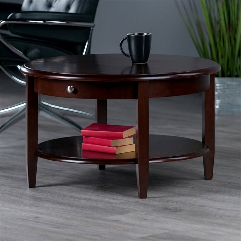 Pemberly Row Round Transitional Solid Wood Coffee Table in Antique Walnut