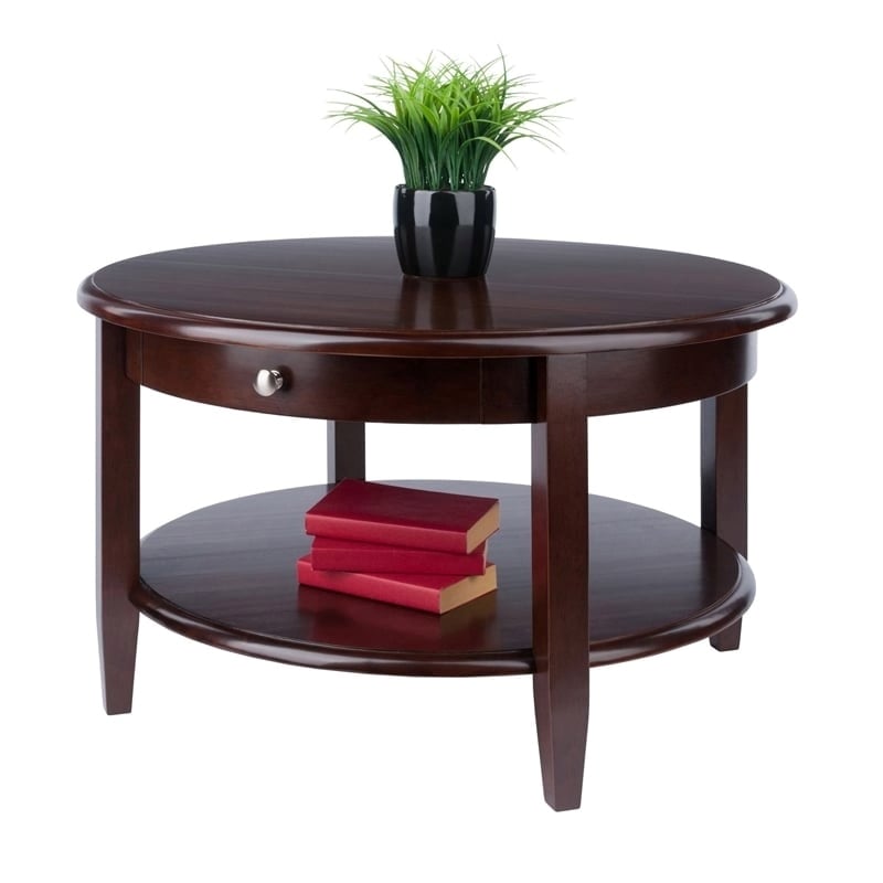 Pemberly Row Round Transitional Solid Wood Coffee Table in Antique Walnut
