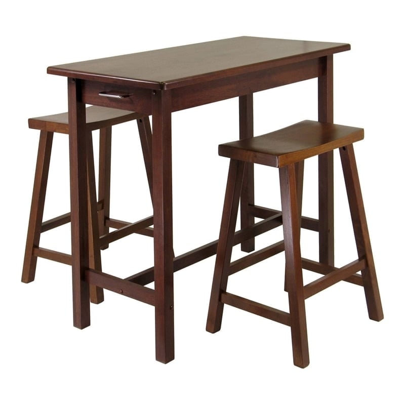 Pemberly Row 3-Piece Transitional Solid Wood Kitchen Island Dining Set in Walnut