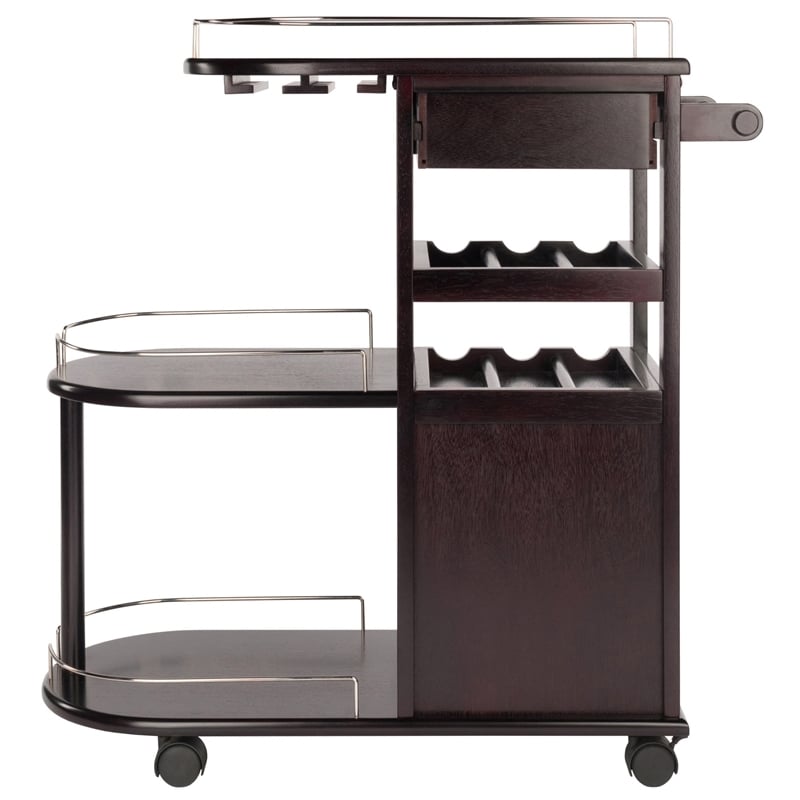Pemberly Row Transitional Solid Wood Entertainment Bar Cart in Espresso