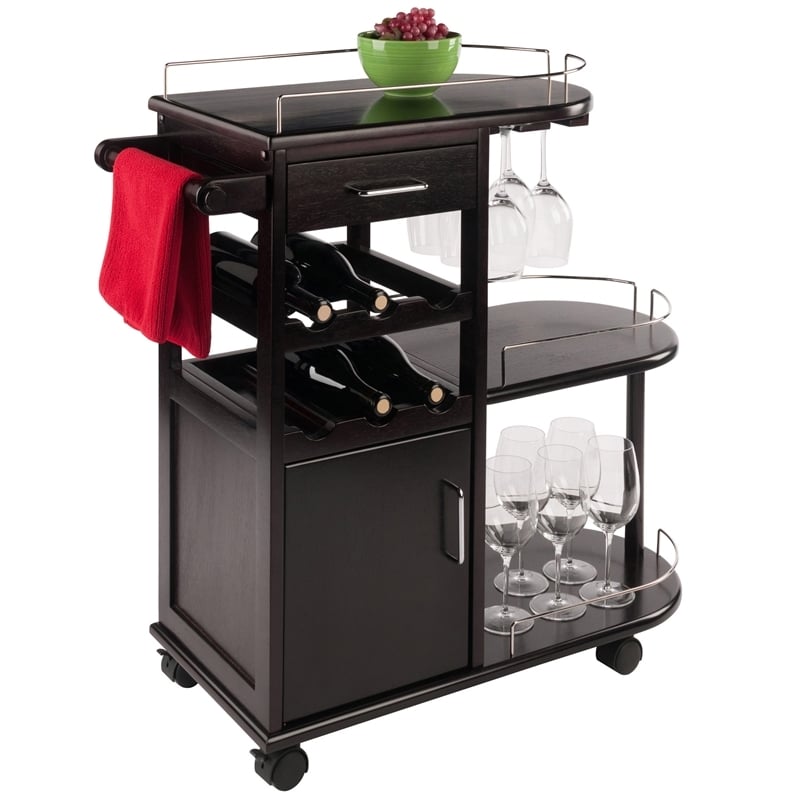 Pemberly Row Transitional Solid Wood Entertainment Bar Cart in Espresso