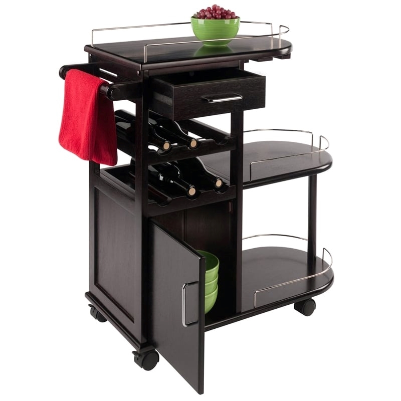 Pemberly Row Transitional Solid Wood Entertainment Bar Cart in Espresso