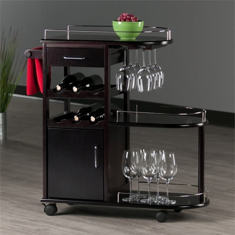 Pemberly Row Transitional Solid Wood Entertainment Bar Cart in Espresso