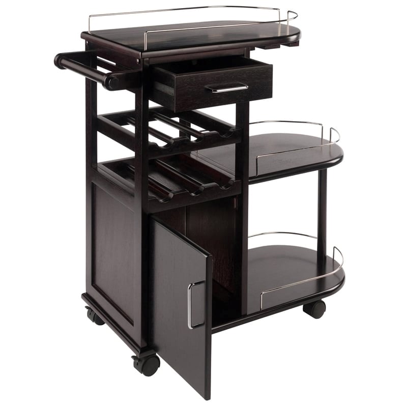 Pemberly Row Transitional Solid Wood Entertainment Bar Cart in Espresso