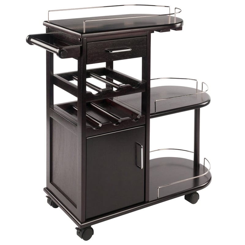 Pemberly Row Transitional Solid Wood Entertainment Bar Cart in Espresso