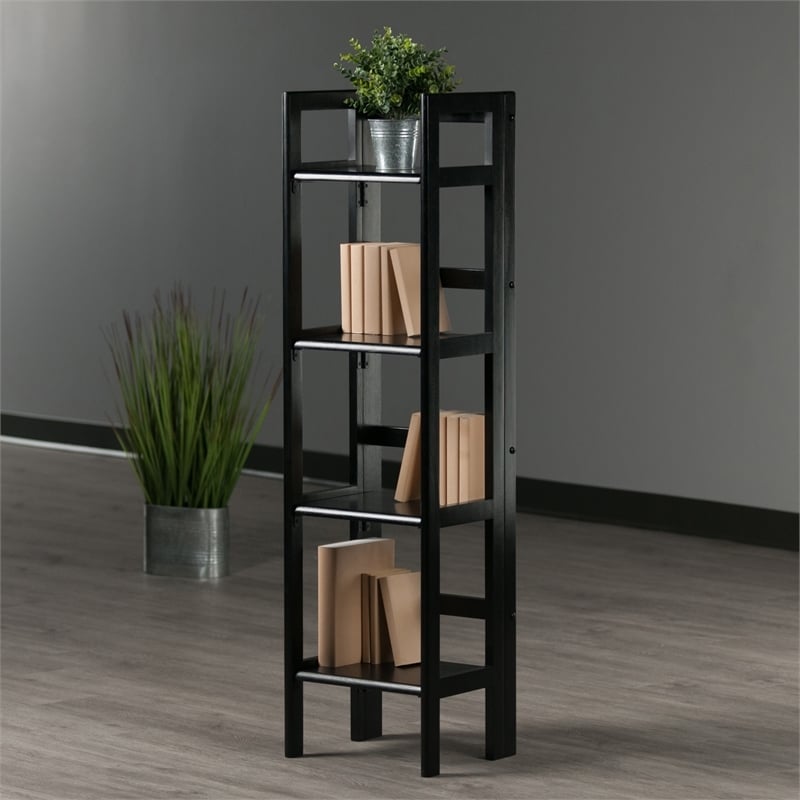 Pemberly Row 4-Tier Modern Solid Wood Folding Bookshelf in Black/Walnut