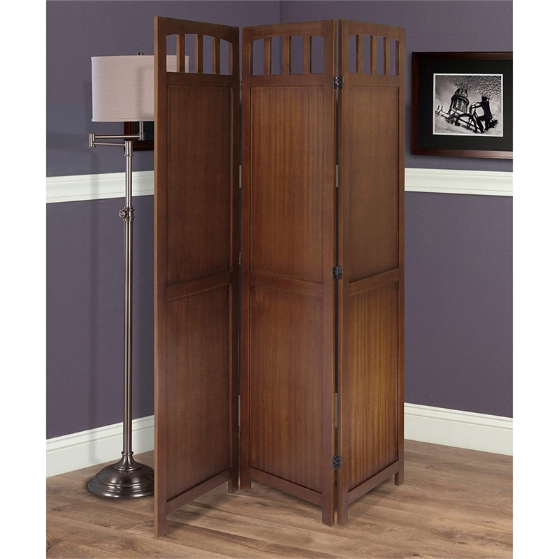 Pemberly Row Transitional Solid Wood Folding Screen in Antique Walnut