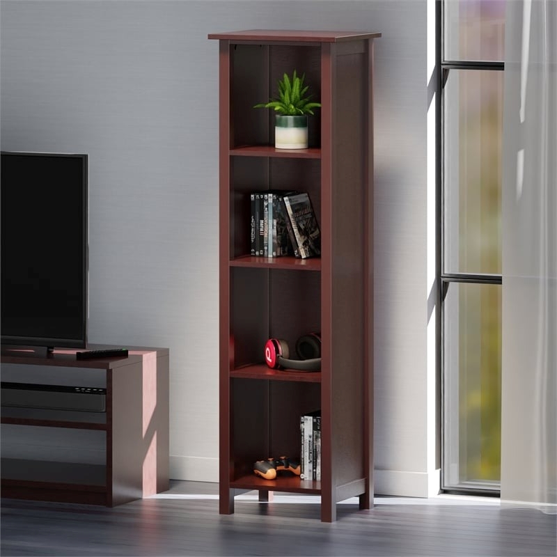 Pemberly Row 4-Tier Tall Solid Wood Storage Book Shelf in Antique Walnut