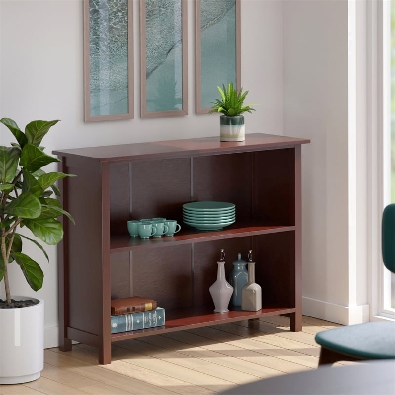 Pemberly Row 2-Tier Solid Wood Long Storage Book Shelf in Antique Walnut