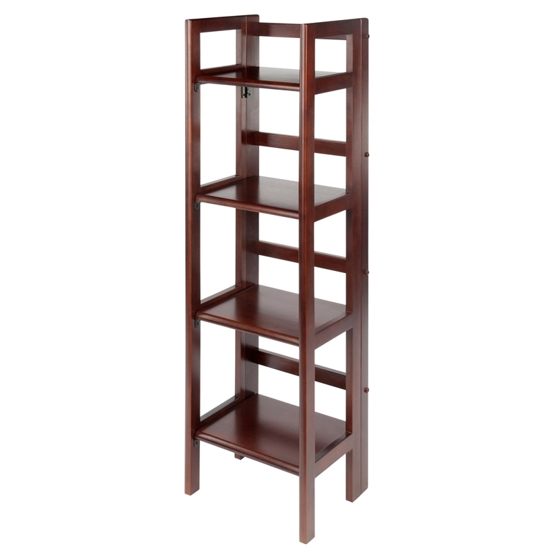 Pemberly Row 4-Tier Folding Transitional Solid Wood Book Shelf in Antique Walnut