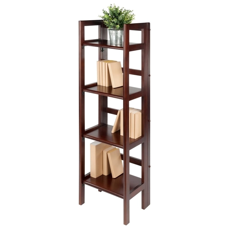 Pemberly Row 4-Tier Folding Transitional Solid Wood Book Shelf in Antique Walnut