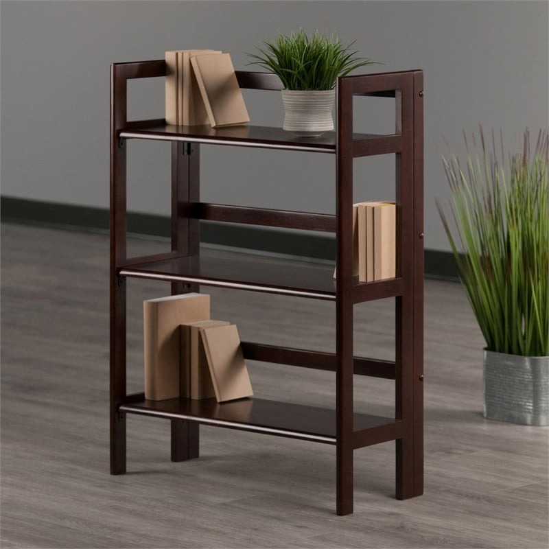 Pemberly Row 3-Tier Folding Transitional Solid Wood Book Shelf in Antique Walnut