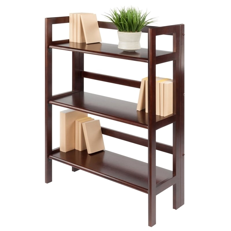Pemberly Row 3-Tier Folding Transitional Solid Wood Book Shelf in Antique Walnut