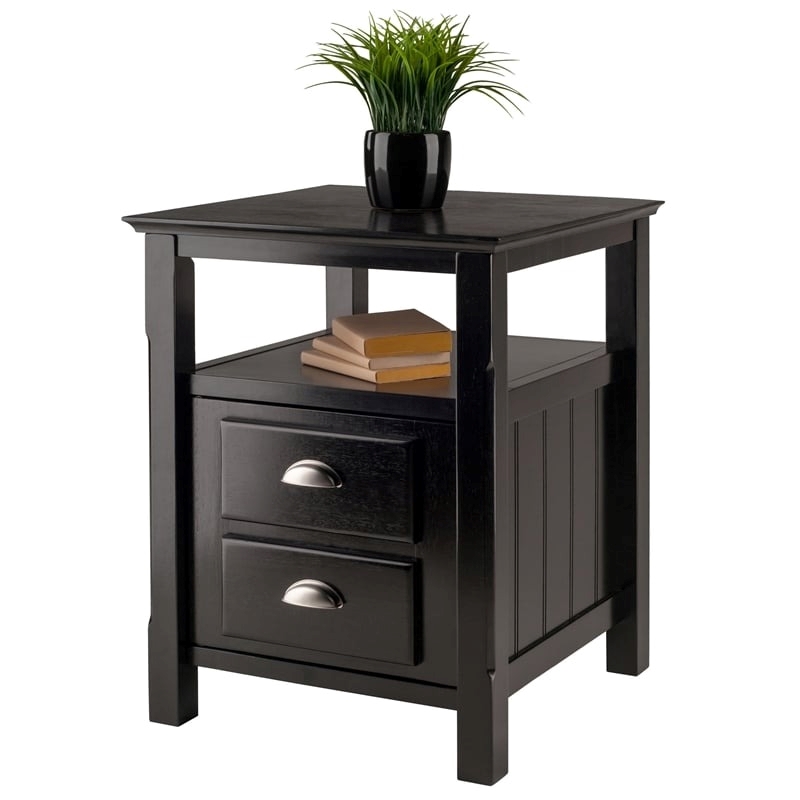 Pemberly Row Transitional Solid Wood Nightstand with 2-Drawer in Black