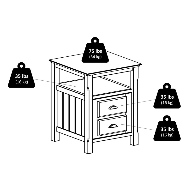 Pemberly Row Transitional Solid Wood Nightstand with 2-Drawer in Black
