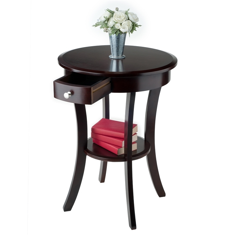 Pemberly Row Round Traditional Solid Wood Accent End Table in Cappuccino