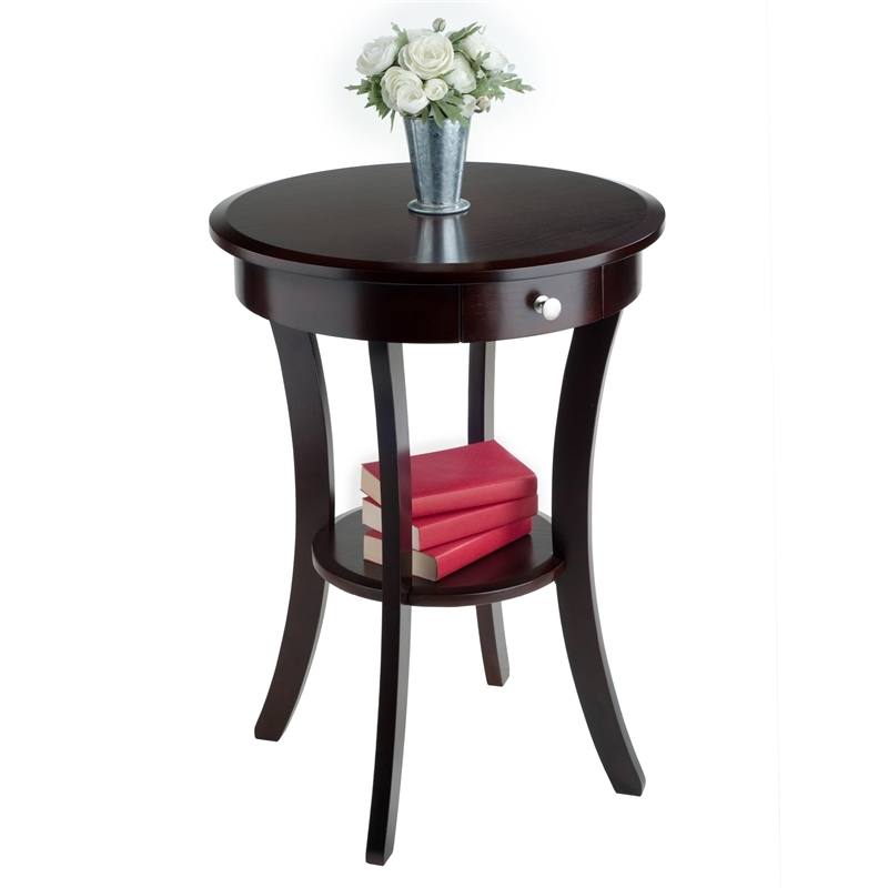 Pemberly Row Round Traditional Solid Wood Accent End Table in Cappuccino