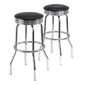 Pemberly Row 29.13&quot Metal/PVC Swivel Bar Stool in Black/Chrome (Set of 2)