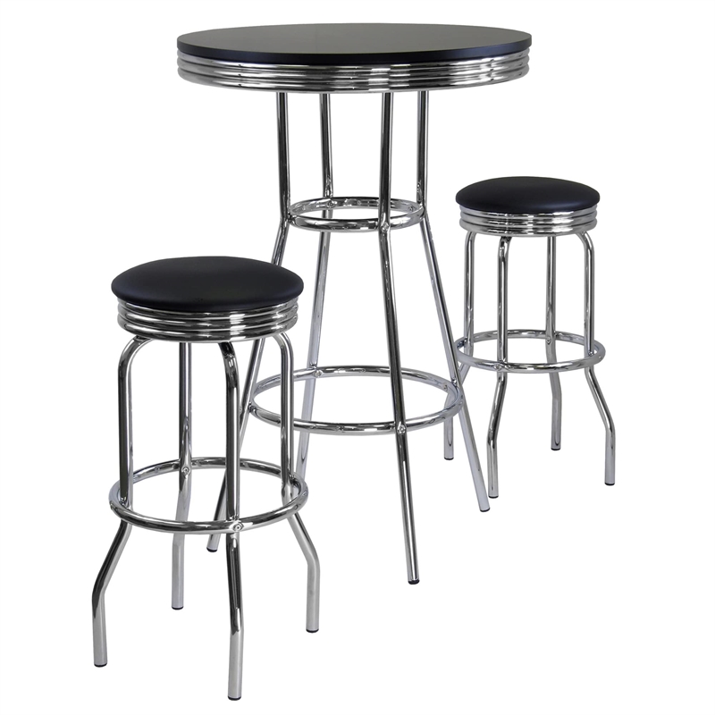 Pemberly Row 3-Piece Round Wood/Metal Pub Set in Black/Chrome