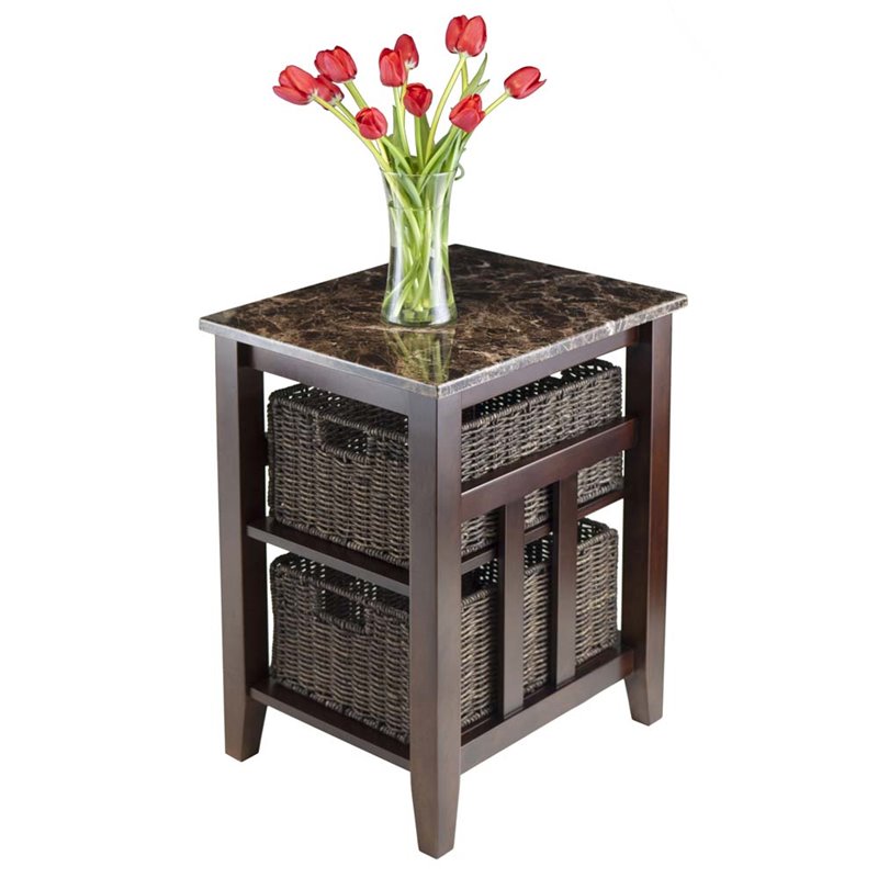 Pemberly Row Transitional Solid Wood Side Table with 2 Baskets in Walnut