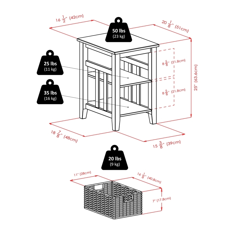 Pemberly Row Transitional Solid Wood Side Table with 2 Baskets in Walnut