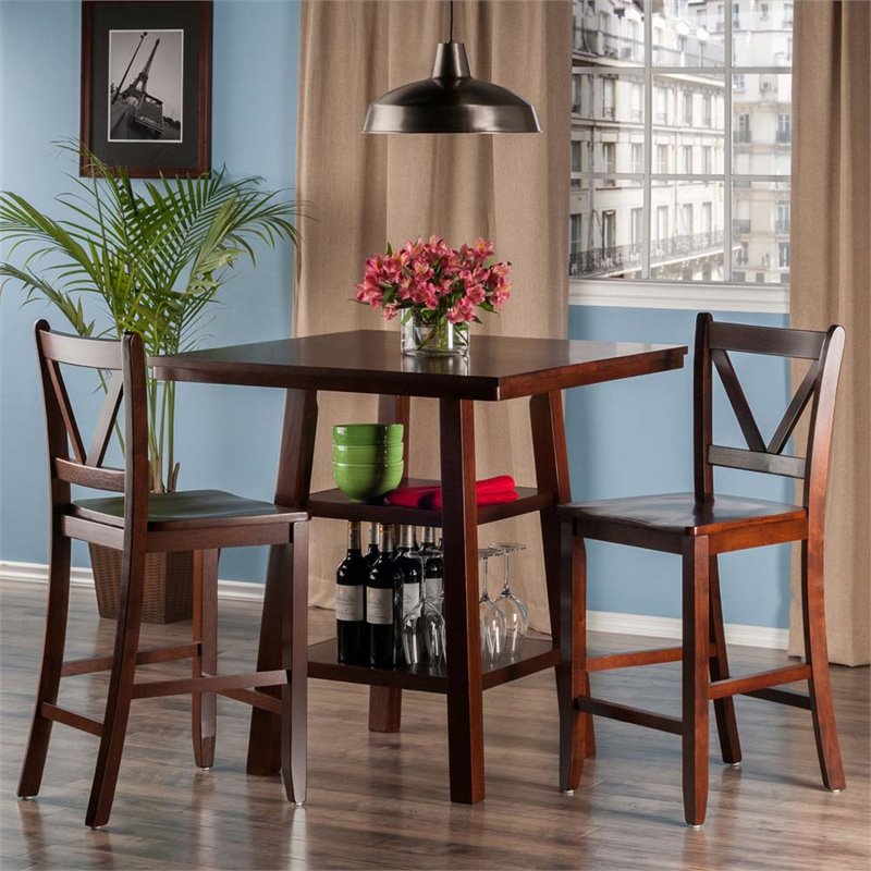 Pemberly Row 3-Piece Square Counter Height Solid Wood Dining Set in Rich Walnut