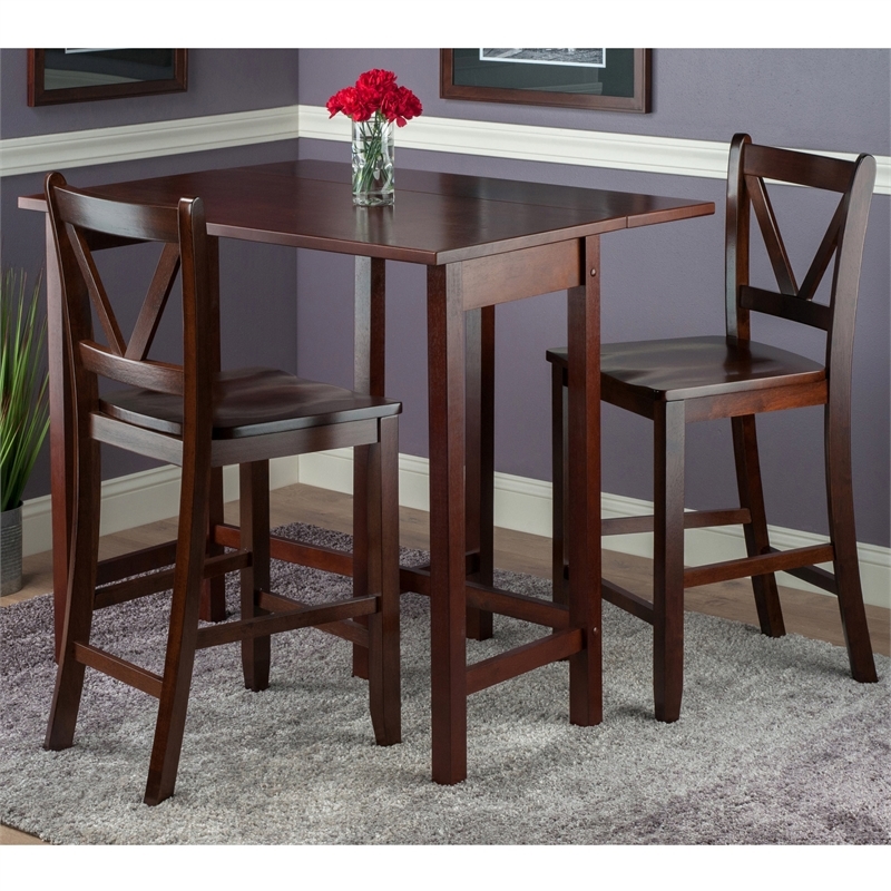 Pemberly Row 3-Piece Drop Leaf Counter Height Solid Wood Dining Set in Walnut