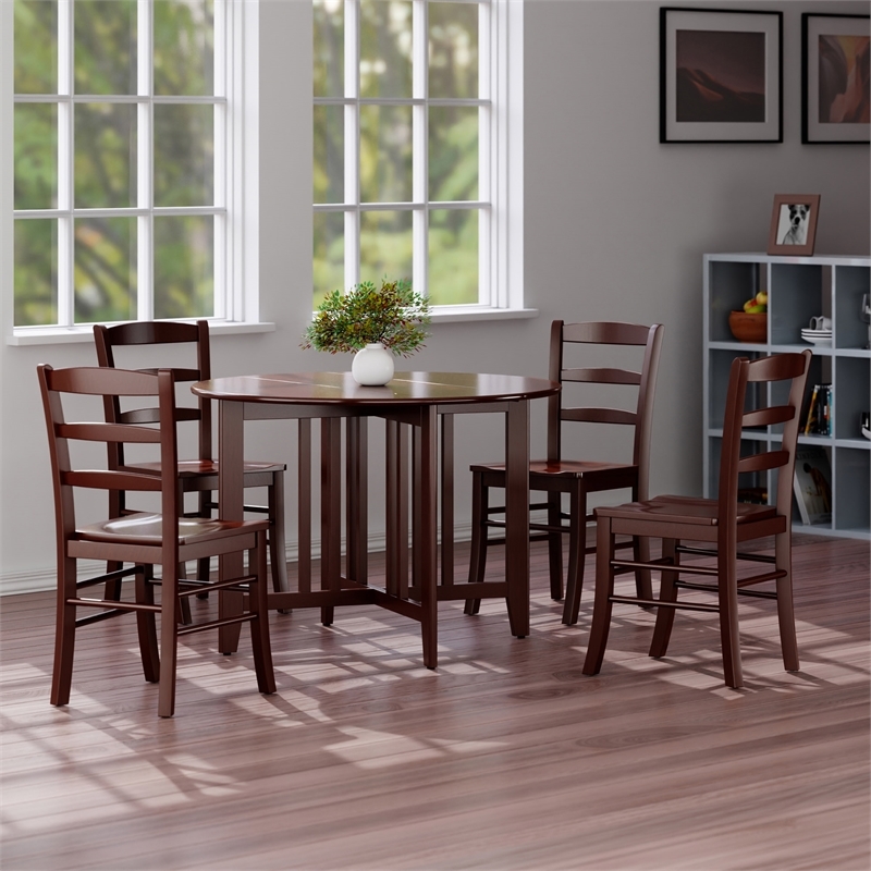 Pemberly Row 5 Piece Round Drop Leaf Dining Set in Walnut Finish