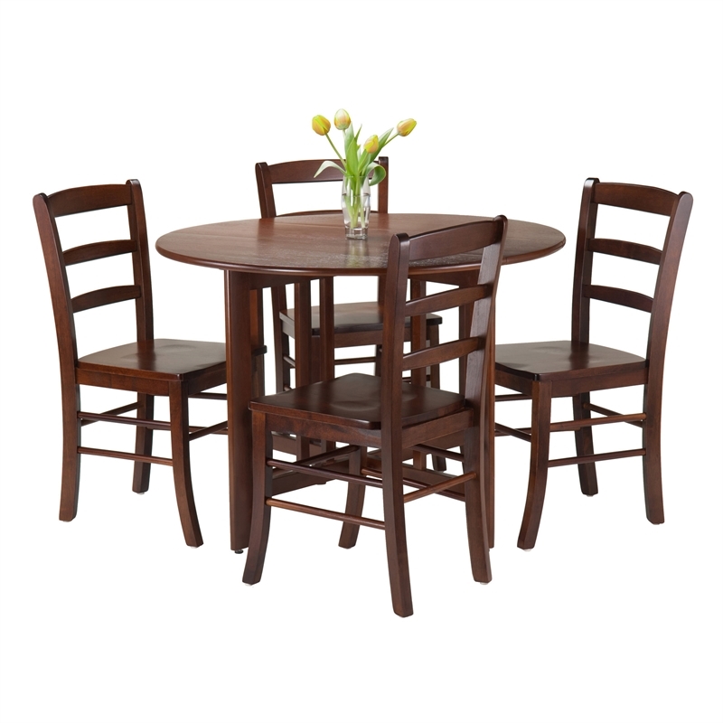 Pemberly Row 5 Piece Round Drop Leaf Dining Set in Walnut Finish