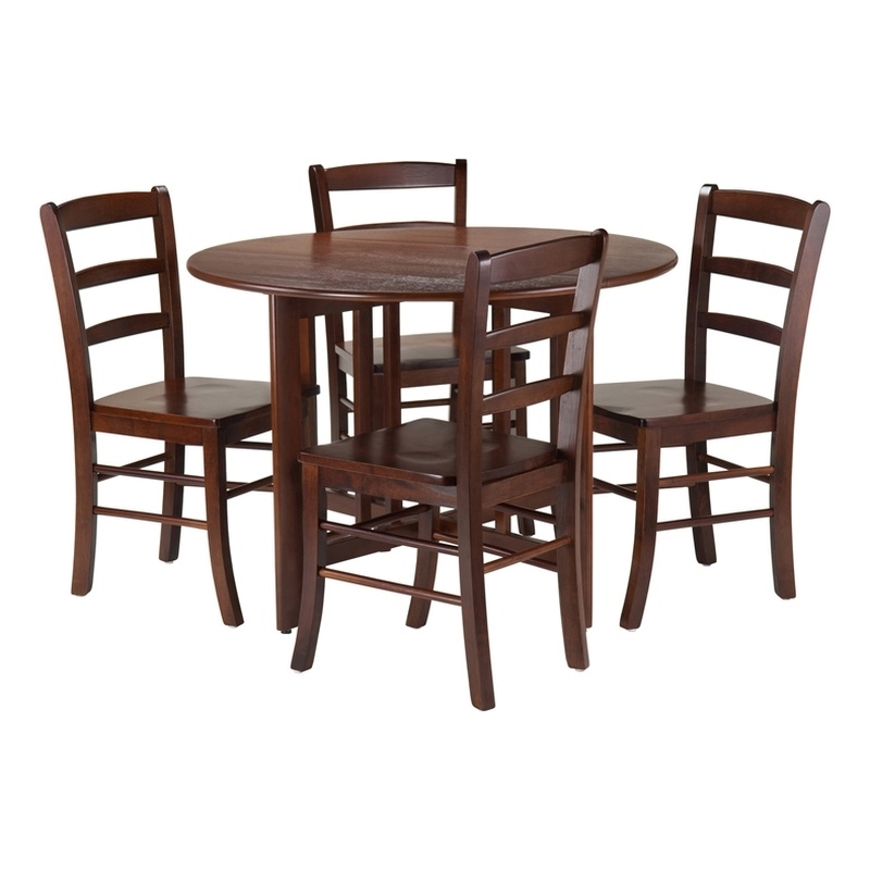 Pemberly Row 5 Piece Round Drop Leaf Dining Set in Walnut Finish