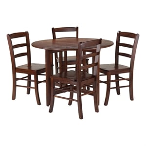 Pemberly Row 5 Piece Round Drop Leaf Dining Set in Walnut Finish