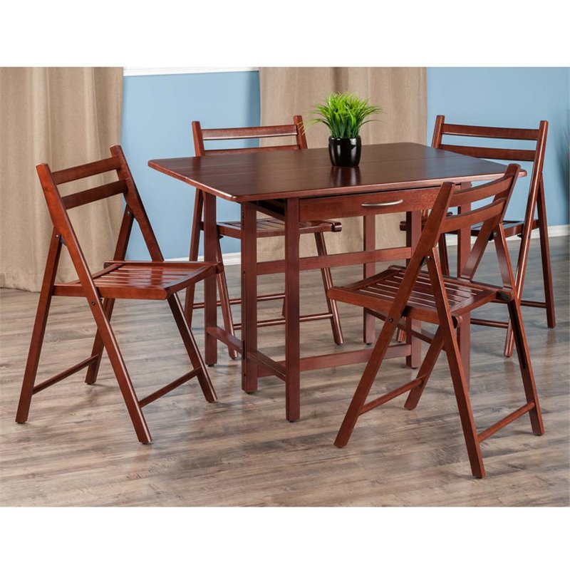 Pemberly Row 5-Piece Drop Leaf Transitional Solid Wood Dining Set in Walnut