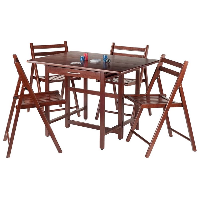 Pemberly Row 5-Piece Drop Leaf Transitional Solid Wood Dining Set in Walnut