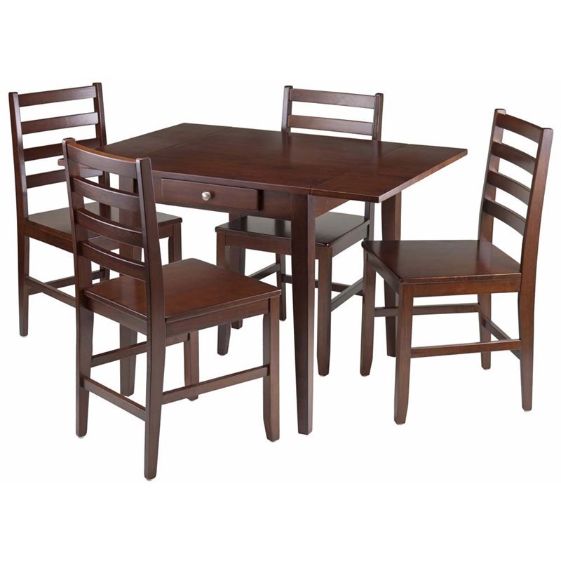 Pemberly Row 5-Piece Drop Leaf Solid Wood Dining Set w/ Drawer in Antique Walnut