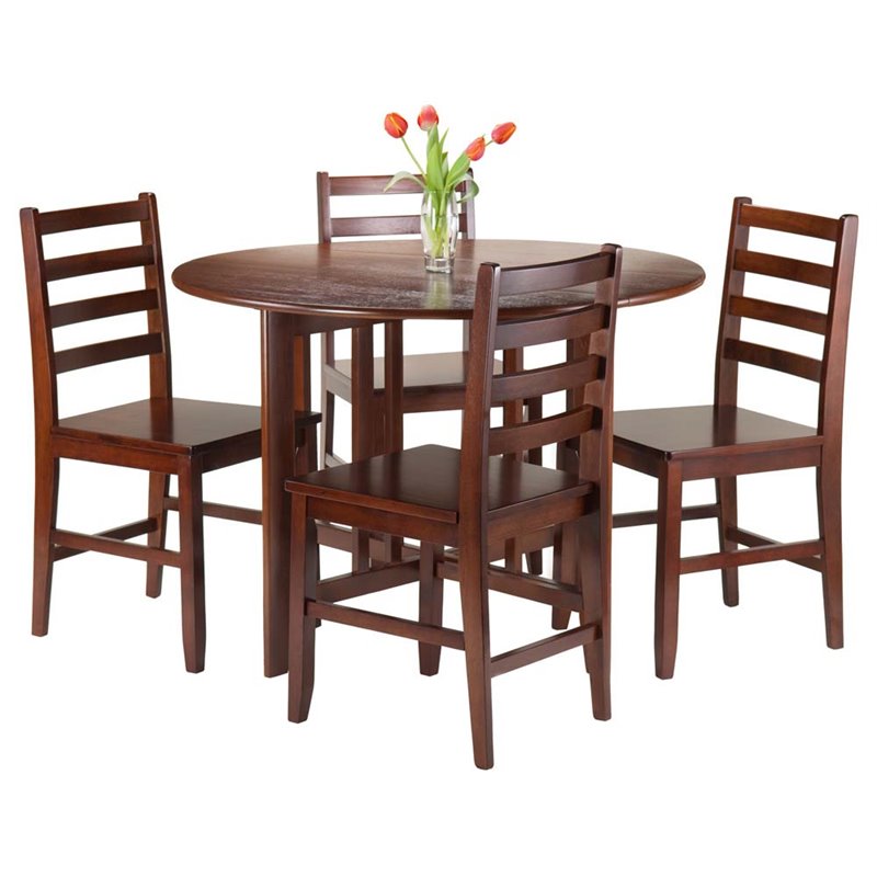 Pemberly Row 5-Piece Round Drop Leaf Solid Wood Dining Set in Antique Walnut
