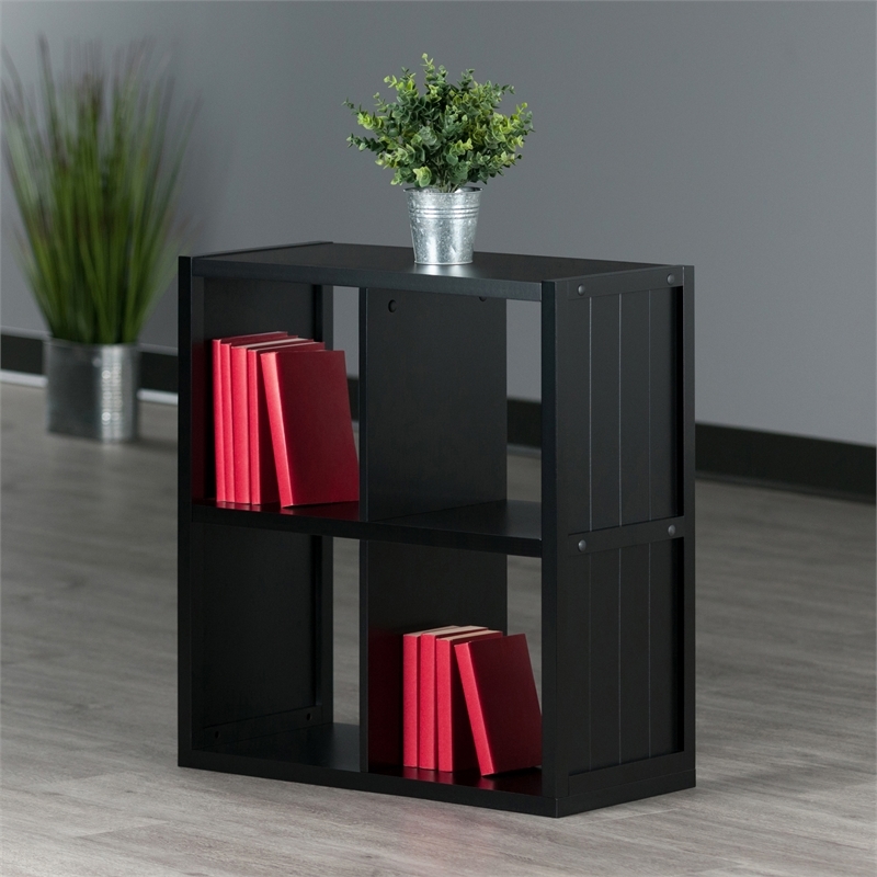 Pemberly Row 2x2 Modern Wood Storage Cabinet with Wainscoting Panel in Black