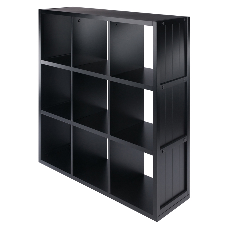 Pemberly Row 3x3 Modern Wood Storage Cabinets with Wainscoting Panel in Black