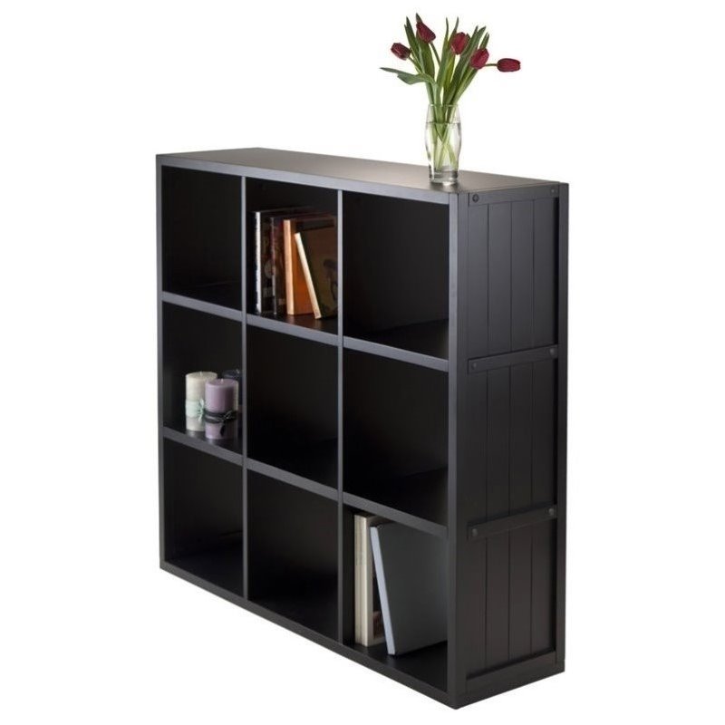 Pemberly Row 3x3 Modern Wood Storage Cabinets with Wainscoting Panel in Black