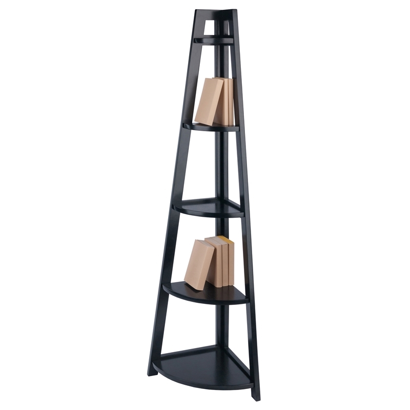 Pemberly Row 5-Tier A-Frame Modern Solid Wood Corner Book Shelf in Black