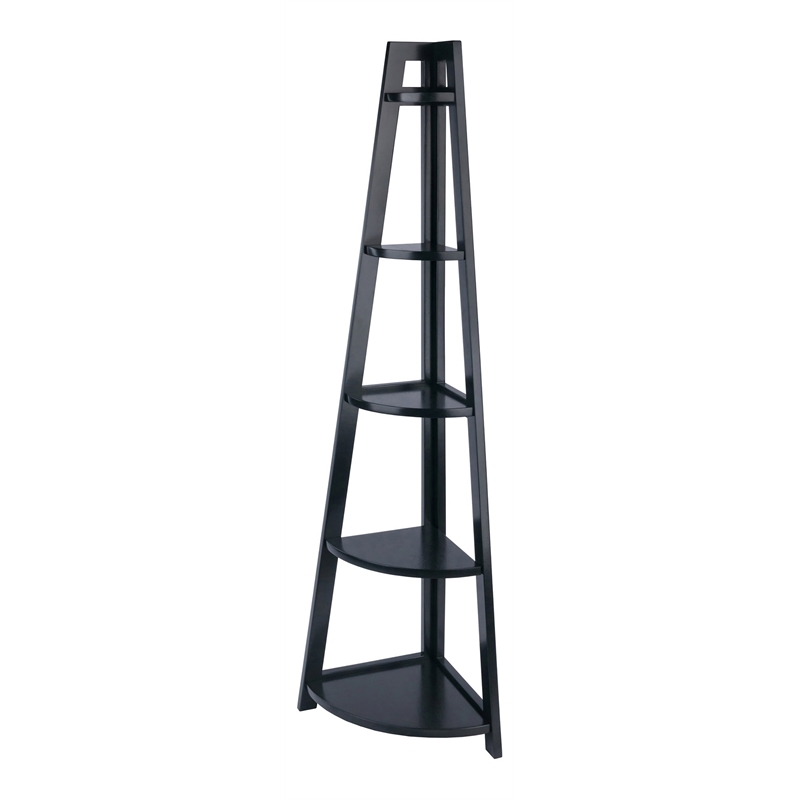 Pemberly Row 5-Tier A-Frame Modern Solid Wood Corner Book Shelf in Black
