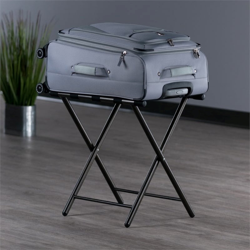 Pemberly Row Metal Luggage Rack with Folding Straight Leg in Antique Bronze