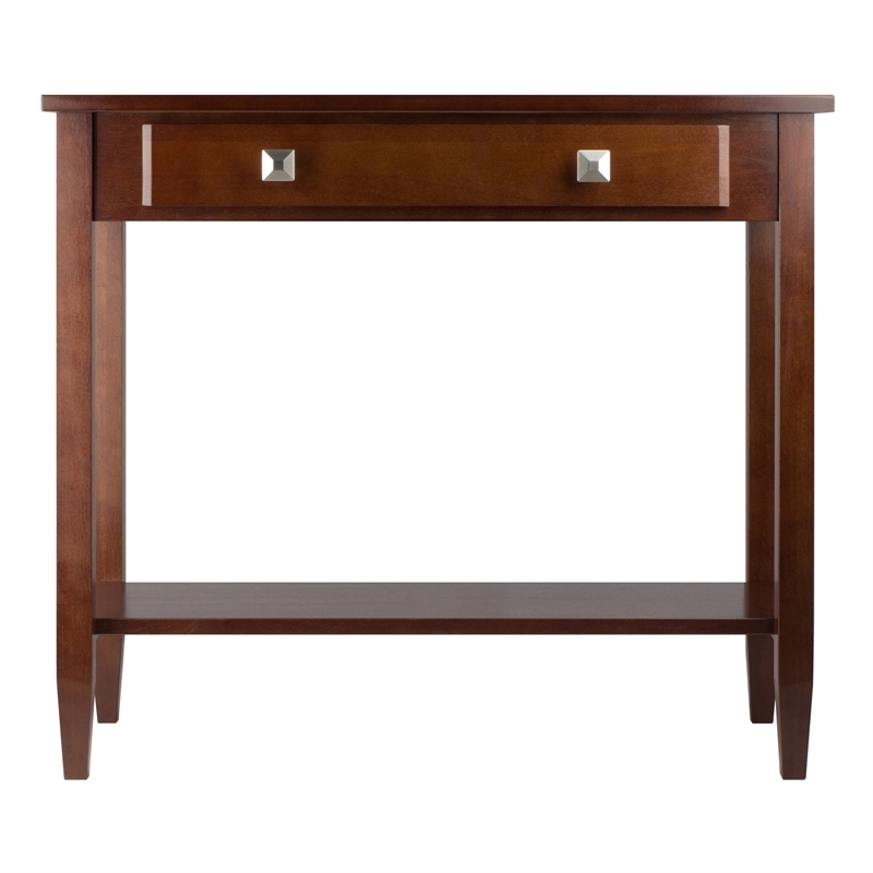 Pemberly Row Transitional Solid Wood Console Hall Table w/ Tapered Leg in Walnut