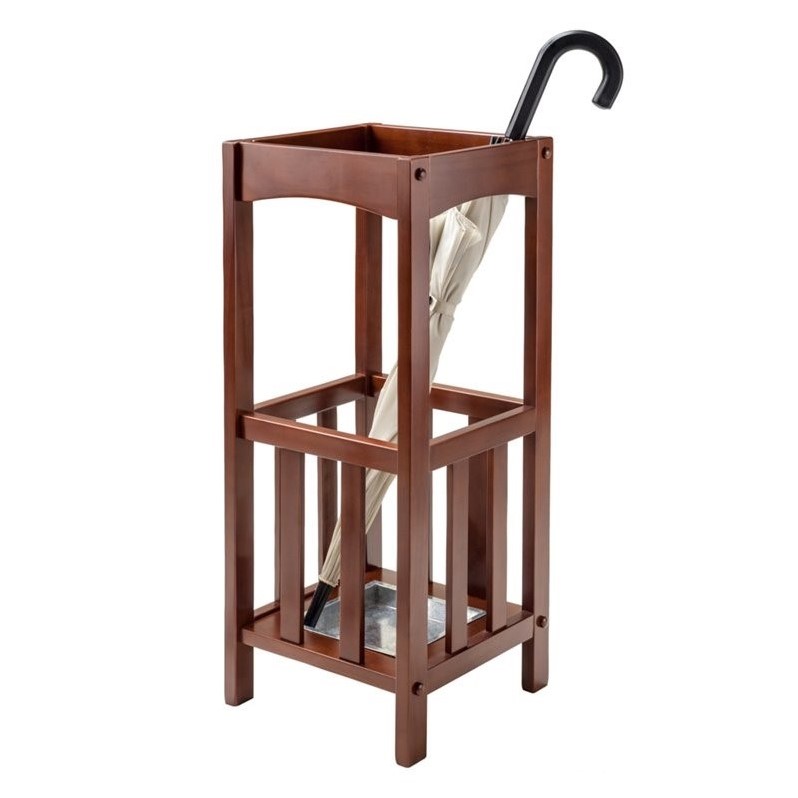 Pemberly Row Transitional Solid Wood Umbrella Stand with Tray in Walnut