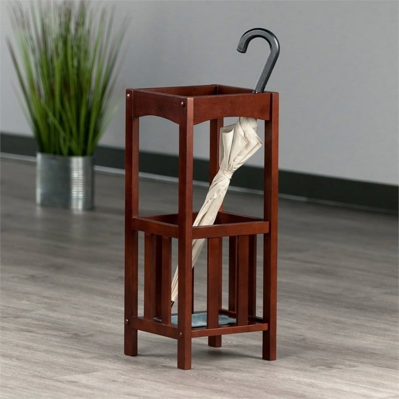 Pemberly Row Transitional Solid Wood Umbrella Stand with Tray in Walnut